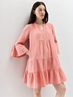 Quince 100% Organic Cotton Gauze Long Sleeve Tiered Mini Dress in Coral Blush MD